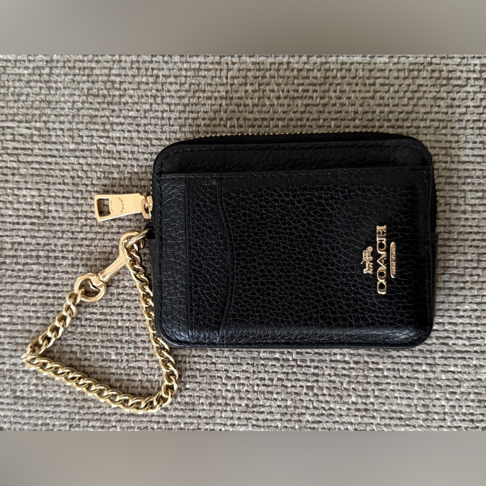 Coach Black Leather Card Holder with Gold Accents